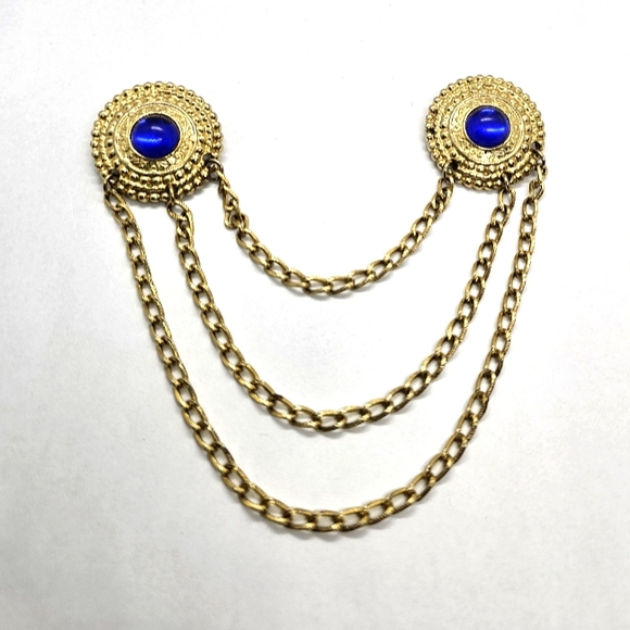 Cobalt Blue Double Cabochon Goldtone collar Brooch - Picture 1 of 7